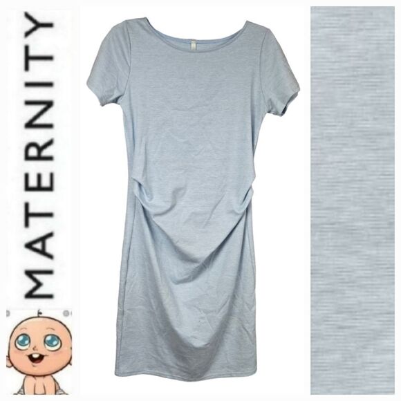 PinkBlush Maternity Dress Light Blue Heathered Short Sleeve Fitted Bodycon Knit - Picture 1 of 9